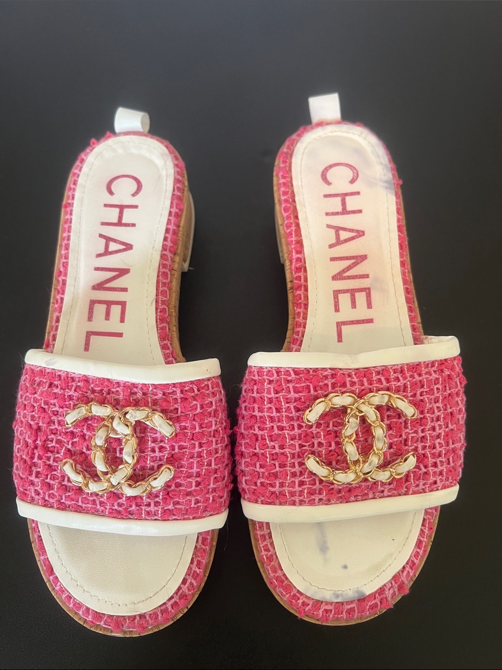 CHANEL Pink Tweed Slide Sandals with Gold CC Hardware, EU 40, US size 9